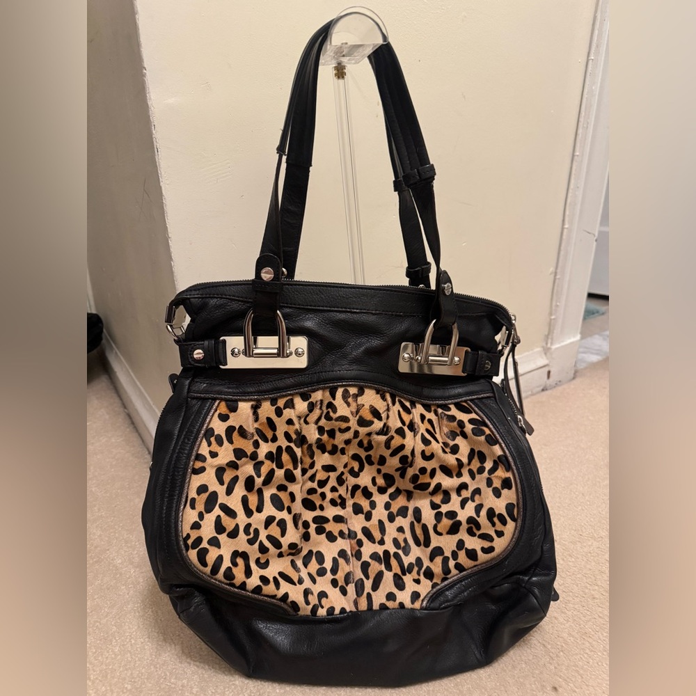 B. Makowsky Black leather and Leopard Shoulder Bag
